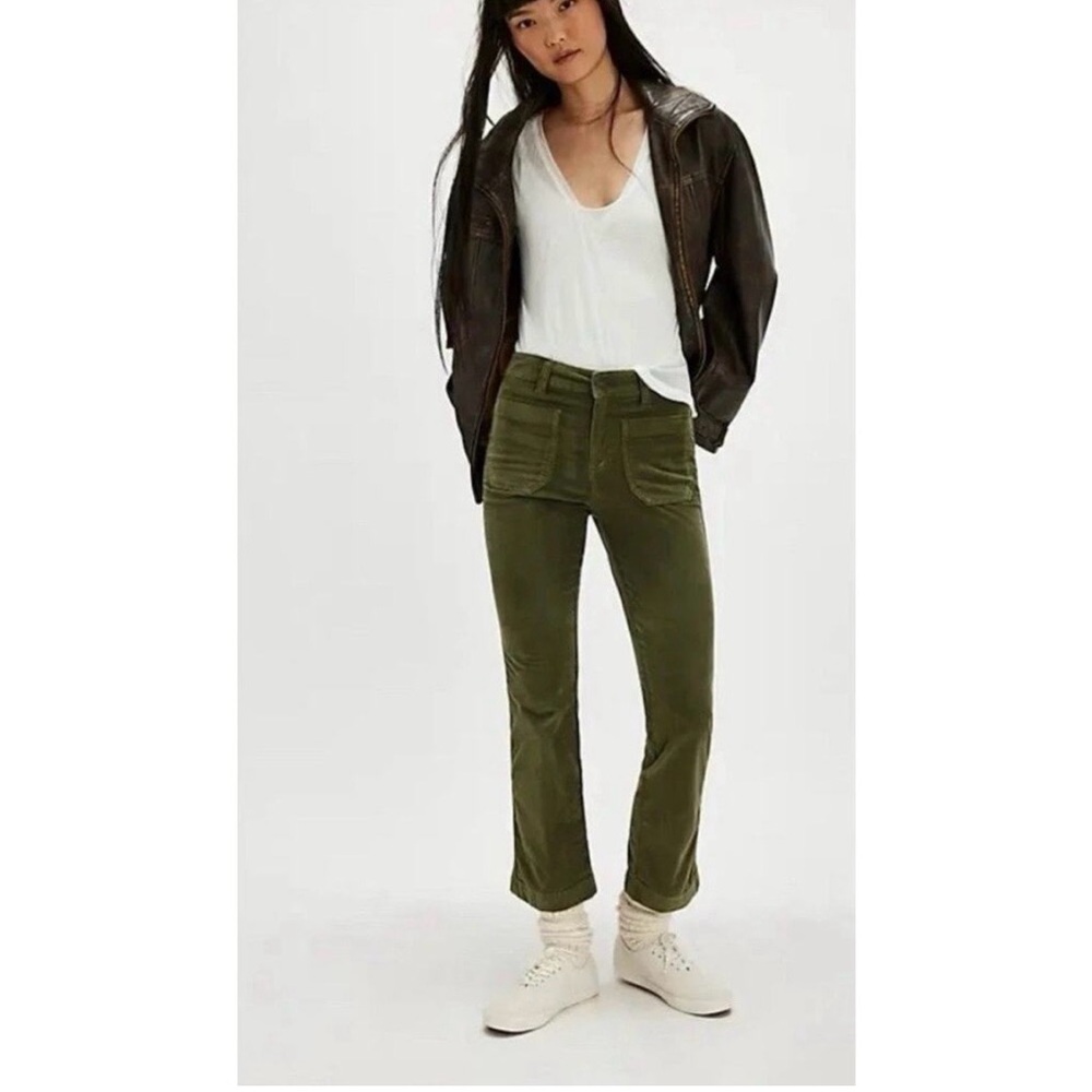 Free People High Time Kick Flare Chive Army Green Corduroy Velvet Pants Size 6